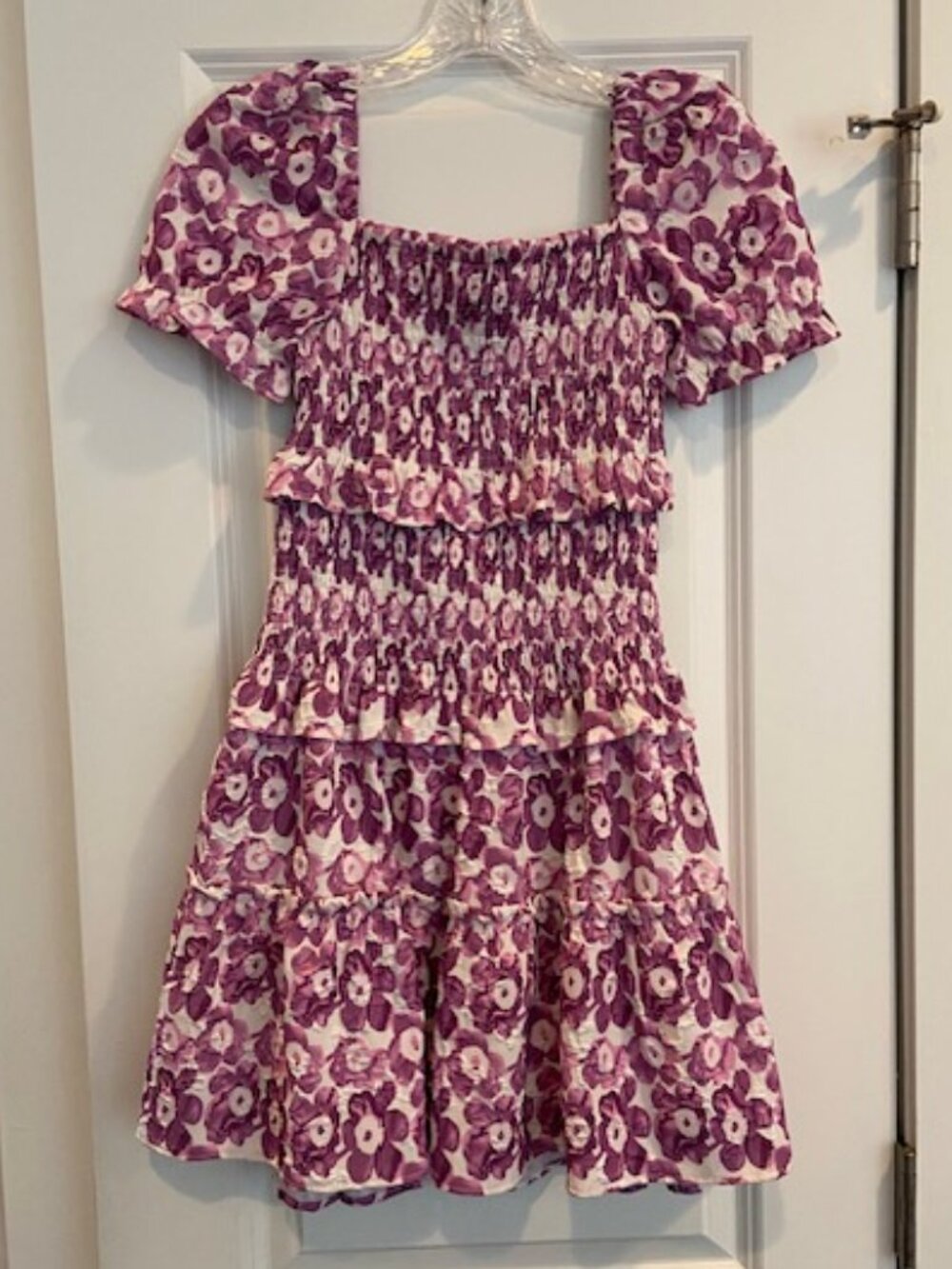 Miss Behave Girls' Purple Floral Smocked Puff-Sleeve Dress in Size 14 year old